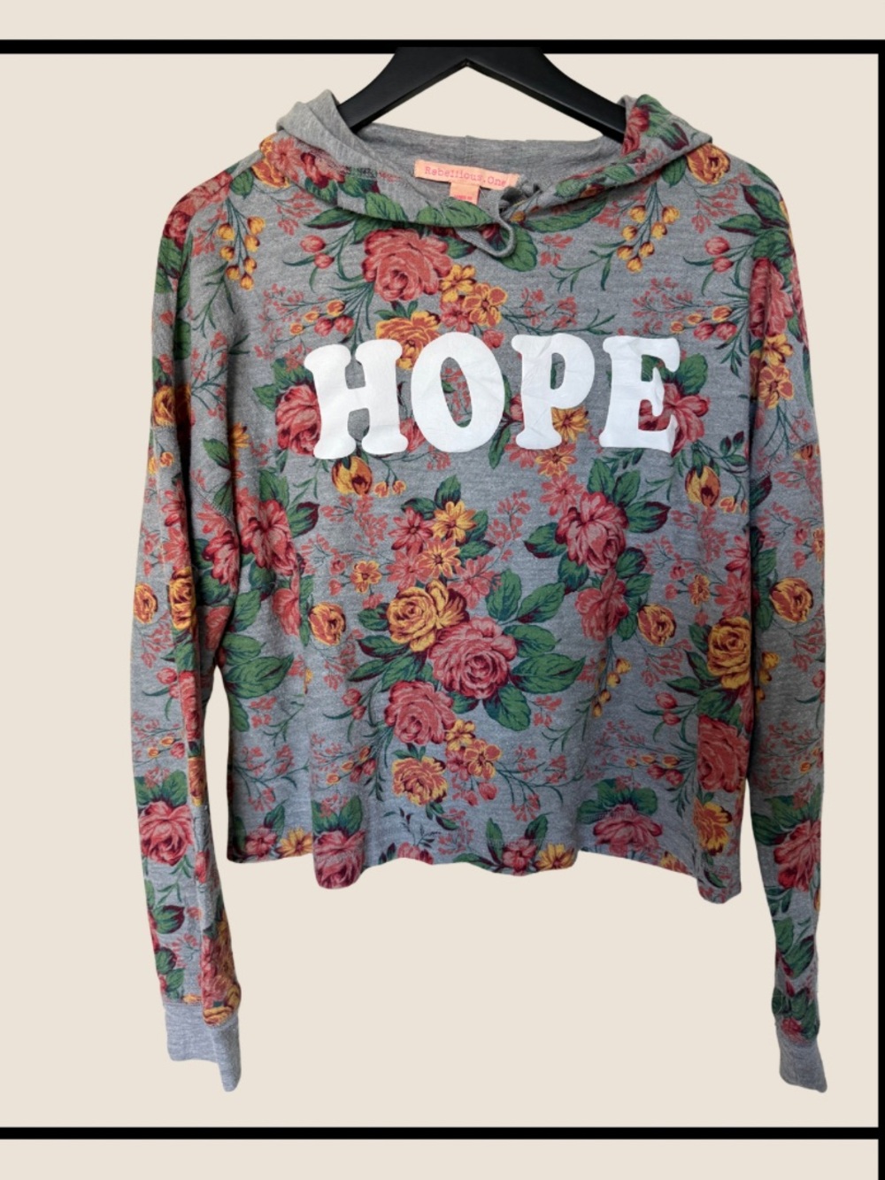 Women’s Floral “HOPE” Cropped Raw Hem Pullover Hoodie Gray Multicolor